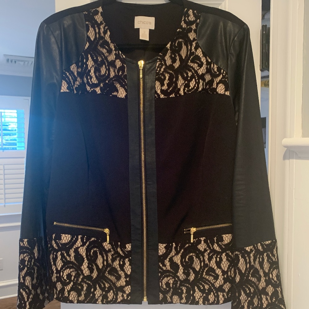 Chico's Leather, Lace, Fabric Zip Front Jacket...size L